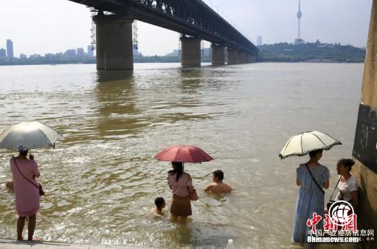 7月25日，武汉武昌江边，市民打伞遮阳站在水中降温。。 <a target=