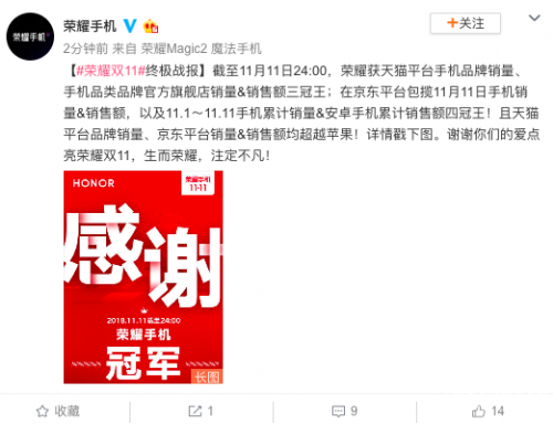 2018年度双11再超苹果，荣耀手机包揽天猫京东销量销售额双冠军！