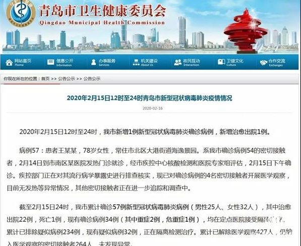 青岛4名新冠肺炎患者出院 此前确诊的第57例病例密切接触者公布