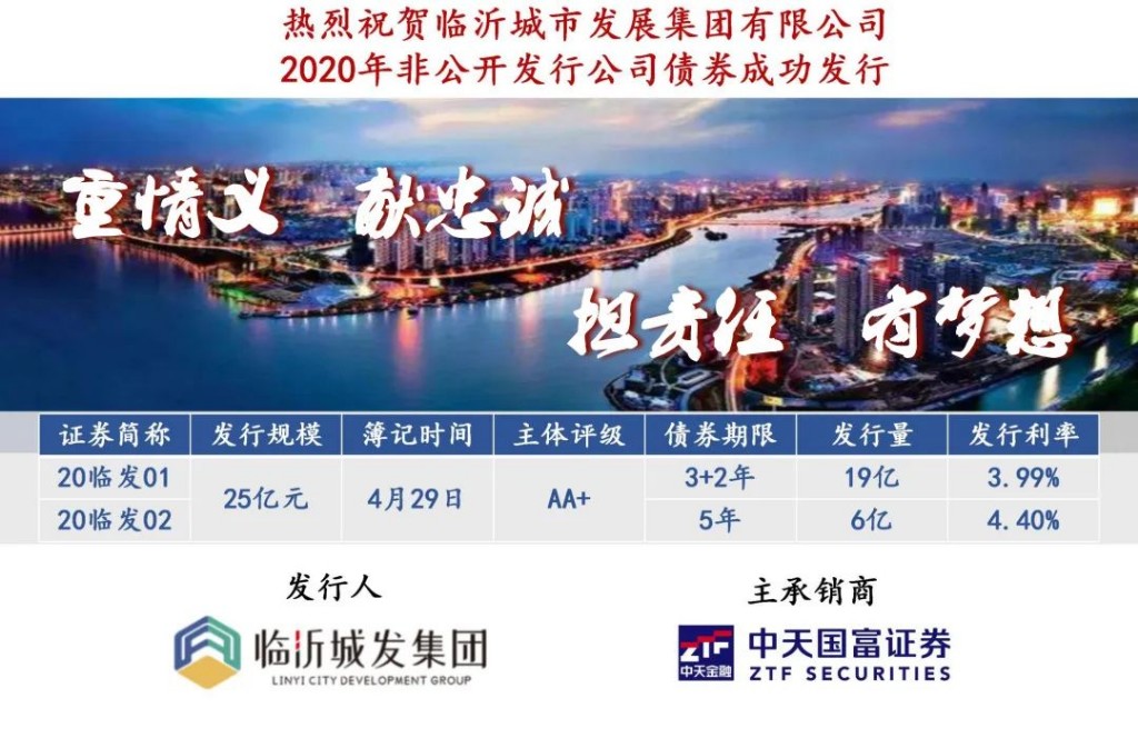 临沂城发集团2020年首次非公开发行公司债券发行成功