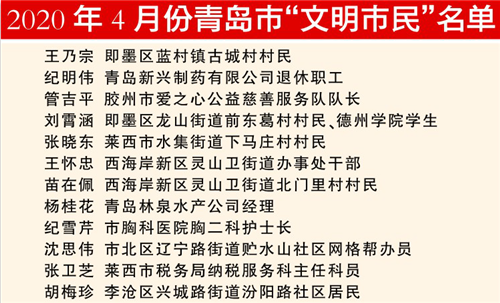 点赞！ 4月份青岛市“文明市民”公布