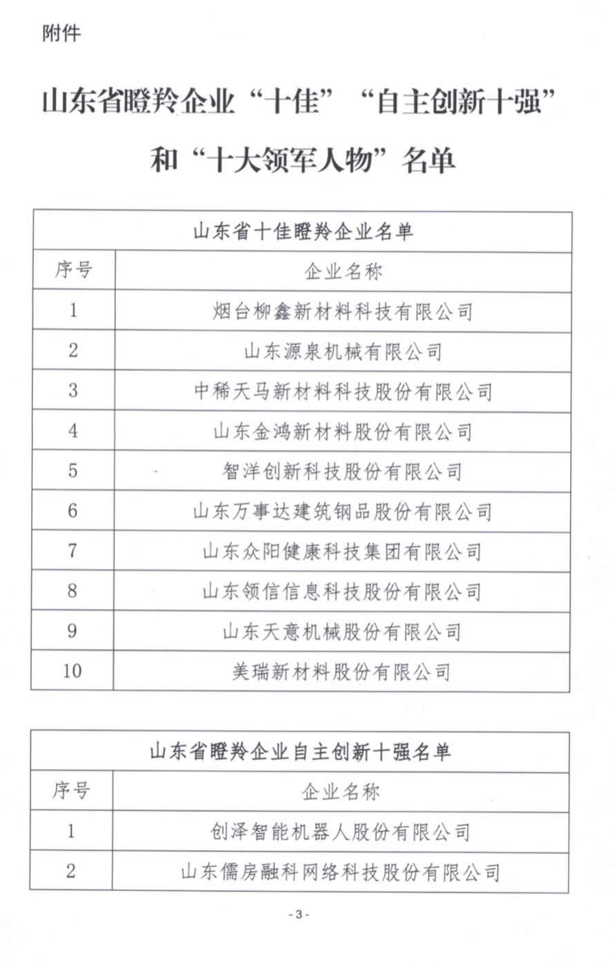 关于公布山东省瞪羚企业“十佳”“自主 创新十强”和“十大领军人物”名单的通知