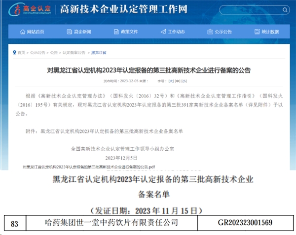 哈药世一堂中药饮片公司顺利通过“国家高新技术企业认定”
