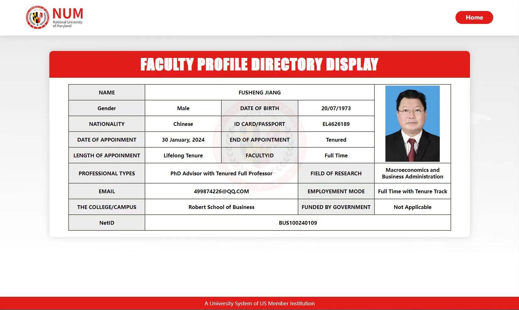 江富生被聘为马里兰国立大学终身教授、博士生导师 