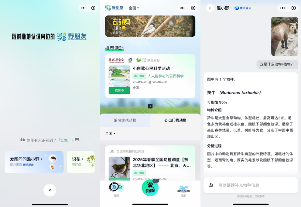 你的手机镜头可变身“自然翻译器” 腾讯“野朋友计划”联合腾讯混元上线物种识别AI